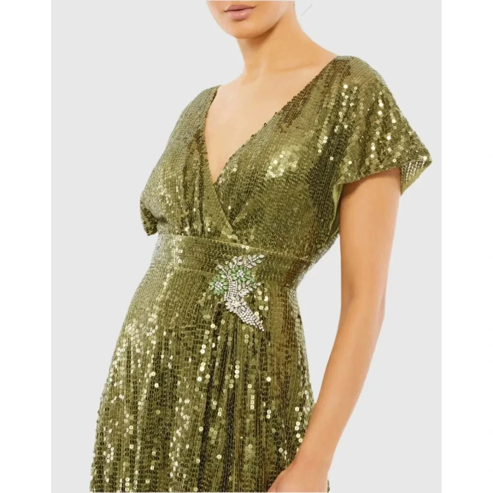Mac Duggal 10773 size 4 Stunning Olive‎ Green Sequin Wrap Gown Embellished Waist